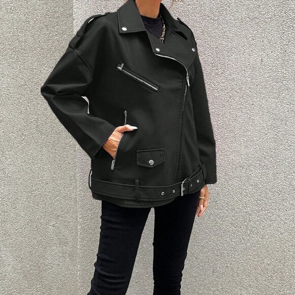 Black Casual Women's Zip Up Flap Detail Belted Moto Jacket - Picture 3 of 6